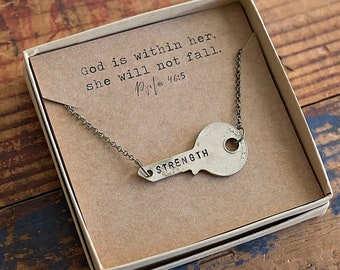 Strength Key Necklace | Ready To Gift | Hand Stamped Vintage | Psalm 46:5 Christian Religious Divorce Gifts for Her