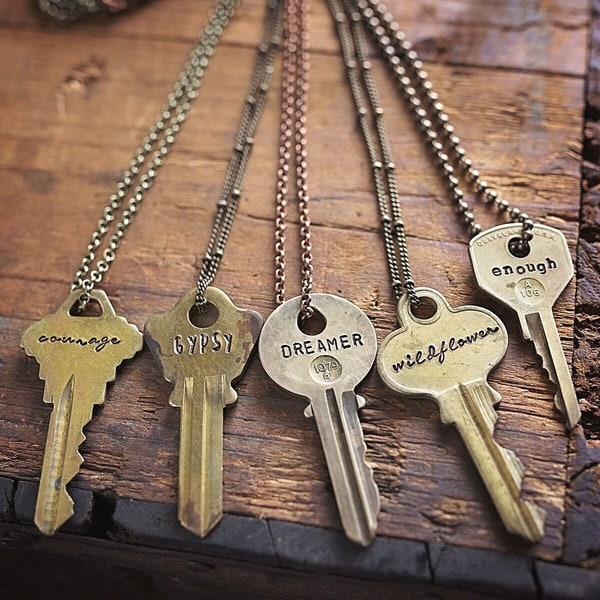 Authentic Vintage Key Necklace | Custom Hand Stamped Personalized Jewelry Unique Handmade Gift