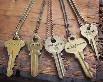 Authentic Vintage Key Necklace | Custom Hand Stamped Personalized Jewelry Encouraging Gift