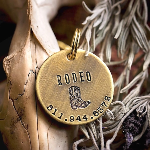 Western Dog ID Tag | Cowboy Boot | Personalized Hand Stamped Brass