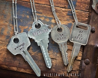 Silver Key Necklace | Hand Stamped Custom Personalized Repurposed Upcycled Inspirational Giving Personalized Jewelry Gift