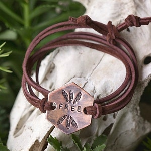 Wild Free Boho Feather Suede Wrap Bracelet | Honeycomb Hexagon Stamped Copper Chocolate Brown Leather Customized Jewelry Outdoorsy