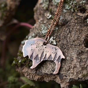 Collar de búfalo con cielo nocturno / Estrellas estampadas a mano en cobre inspiradas en la naturaleza / Regalos para ella