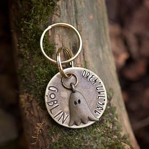 Halloween Ghost Dog ID Tag | Fall Pet Accessories | Personalized High Quality Hand Stamped Brass Name