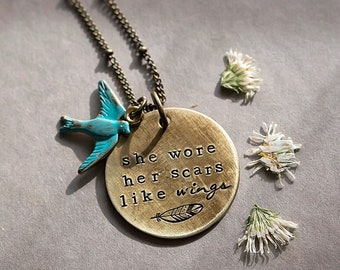 She Wore Her Scars Like Wings Necklace | Hand-stamped Brass Pendant Jewelry Bird Sparrow Inspirational Recovery Support Cancer Gifts for Her