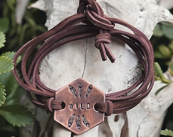 Wild Free Boho Wrap Bracelet | Feather Suede Honeycomb Hexagon Stamped Copper Jewelry Outdoorsy