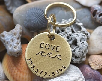 Ocean Wave Beach Dog ID Tag | Personalized High Quality Hand Stamped Personalized Brass Pet Tag