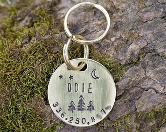 Custom Dog ID Tag | Outdoor Adventure Forest Scene Hand Stamped Custom Personalized Brass Pet Tag