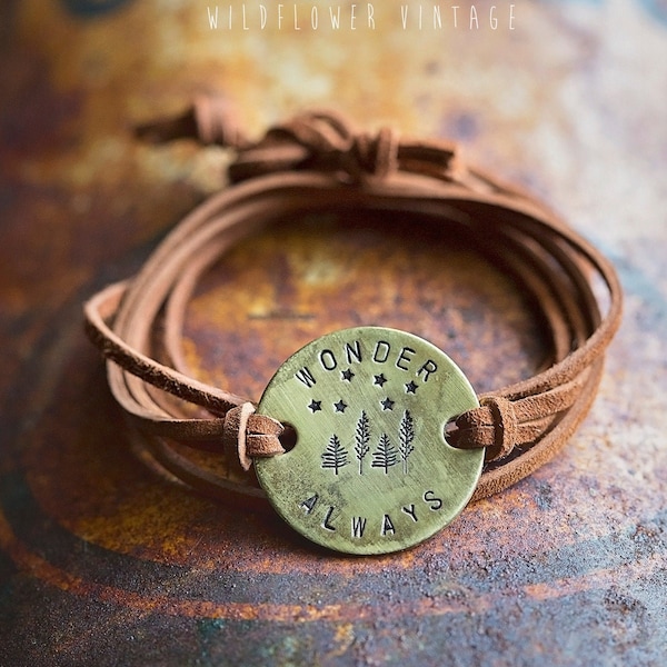 Wonder Always Leather Wrap Bracelet | Hand-Stamped Brass Tan Brown Suede Unisex Jewelry Outdoorsy Forest Hike Go Outside Gifts