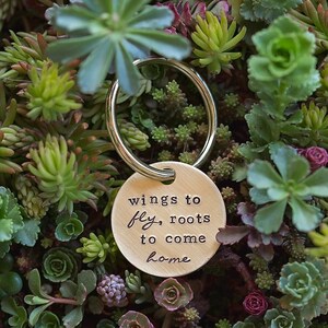 Wings to Fly, Roots to Come Home keychain hand stamped graduation 16th birthday gifts for her image 2