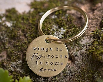 Hand Stamped Brass Keychain | Wings to Fly Roots to Come Home