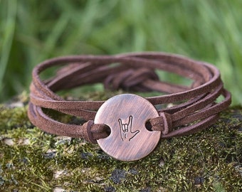 ASL I Love You Leather Wrap Bracelet | Anniversary Birthday Gift | Hand-Stamped Copper Unisex Jewelry