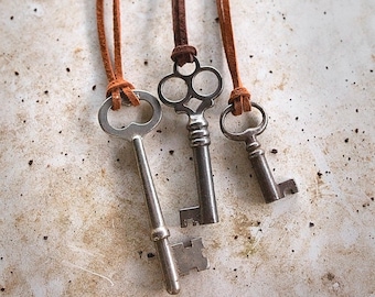 Vintage Skeleton Key Necklace | Authentic Antique Barrel Leather Key Necklace for Men Women