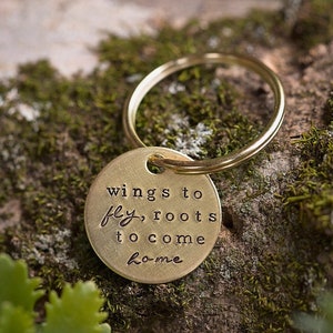 Wings to Fly, Roots to Come Home keychain hand stamped graduation 16th birthday gifts for her image 1
