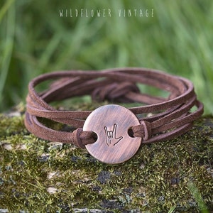 ASL I Love You Leather Wrap Bracelet | Anniversary Birthday Gift | Hand-Stamped Copper Unisex Jewelry