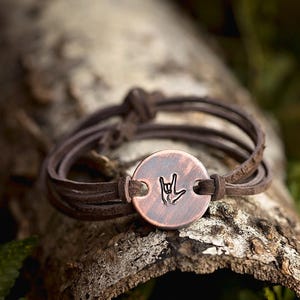 ASL I Love You Leather Wrap Bracelet | Anniversary Birthday Gift | Hand-Stamped Copper Unisex Jewelry