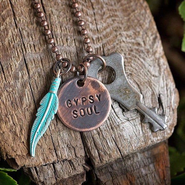 Gypsy Soul Charm Necklace | Boho Copper Jewelry Key Feather Hand-Stamped Gift