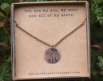 Hand Stamped Copper Celestial Necklace | Sun Moon Stars Gift