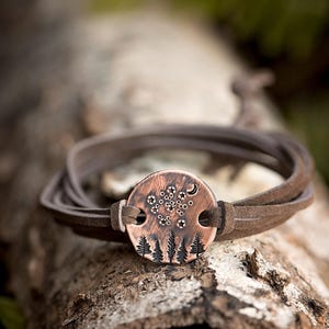 Night Sky Leather Wrap Bracelet | Hand-Stamped Copper | Brown Suede Unisex Jewelry Outdoorsy Forest Scene
