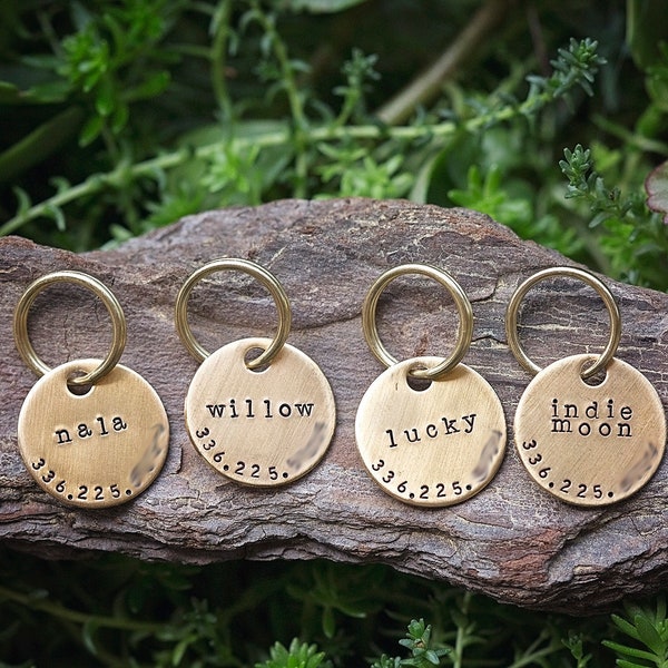 Small Cat or Dog ID Tag | Gold Name Tag | 3/4" Hand Stamped Puppy Kitten Personalized Brass Pet Tags