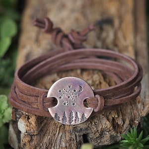 Night Sky Leather Wrap Bracelet | Hand-Stamped Copper | Brown Suede Unisex Jewelry Outdoorsy Forest Scene