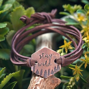 Stay Wild Copper Wrap Bracelet | Hand Stamped Hexagon Suede Forest Jewelry
