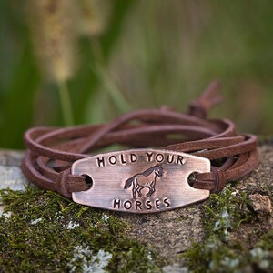 Hold Your Horses Western Wrap Bracelet | Hand-Stamped Copper & Leather Handmade Unisex Jewelry | Cowboy Cowgirl Rancher Rodeo Gift