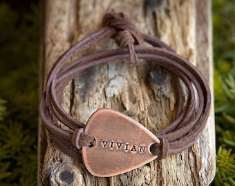 PERSONALIZED Guitar Pick Leather Wrap Bracelet | Hand-Stamped Copper | Brown Suede Unisex | Musician Music Lover Jewelry