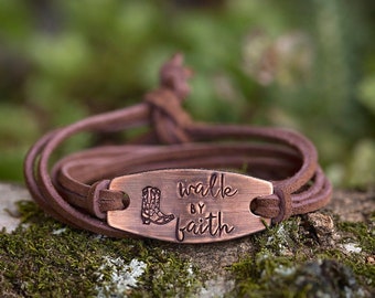 Walk by Faith Wrap Bracelet | Cowgirl Western Boots | Hand-Stamped Copper & Leather Handmade Jewelry |