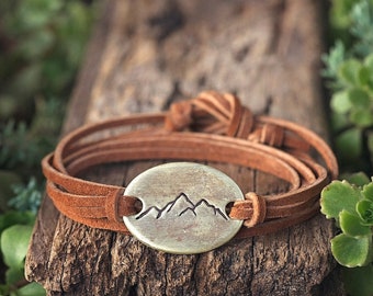 Mountain Range Leather Wrap Bracelet | Hand-Stamped Copper