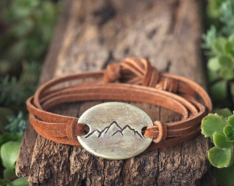 Mountain Range Leather Wrap Bracelet | Hand-Stamped Copper Brass Suede Unisex Jewelry Outdoorsy Hike Go Outside Gifts