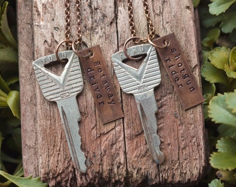 Thelma & Louise Vintage Ford Key Necklace Set Hand Stamped 