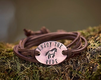 Enjoy the Ride Western Leather Wrap Bracelet | Cowboy Cowgirl Horse Hand-Stamped Copper Unisex Jewelry