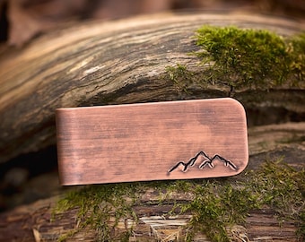Copper Money Clip | Mountain Range Nature Adventure Travel | Hand Stamped Distressed Rustic | Father&#39;s Day Dad Husband Groomsman Gift