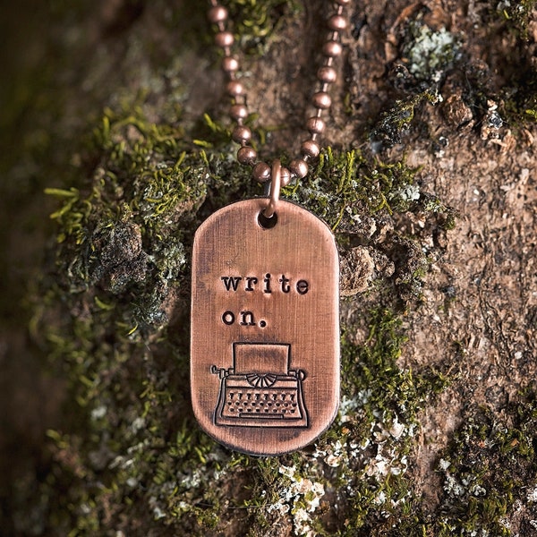 Write On Typewriter Necklace | Copper Oval Pendant Jewelry | Gifts for Writers