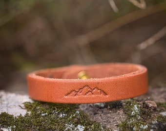 Mountain Range Leather Cuff Bracelet | Men's Hand-Stamped Brown Unisex Gift for Groom Husband