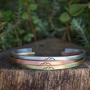 Skinny Mountain Range Bracelet | Hand Stamped Travel Adventure Cuff Jewelry | Minimalist Gift for Her