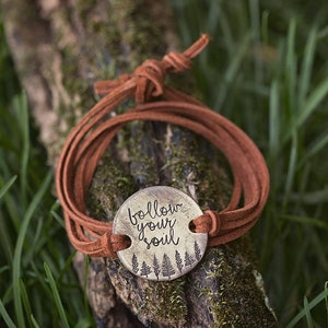 Follow Your Soul Leather Wrap Bracelet | Trees Forest Outdoorsy | Hand-Stamped Brass