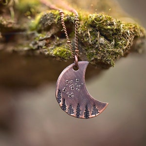 Night Sky Nature Moon Necklace | Celestial Hand-Stamped Copper Pendant Jewelry | Gifts for Her