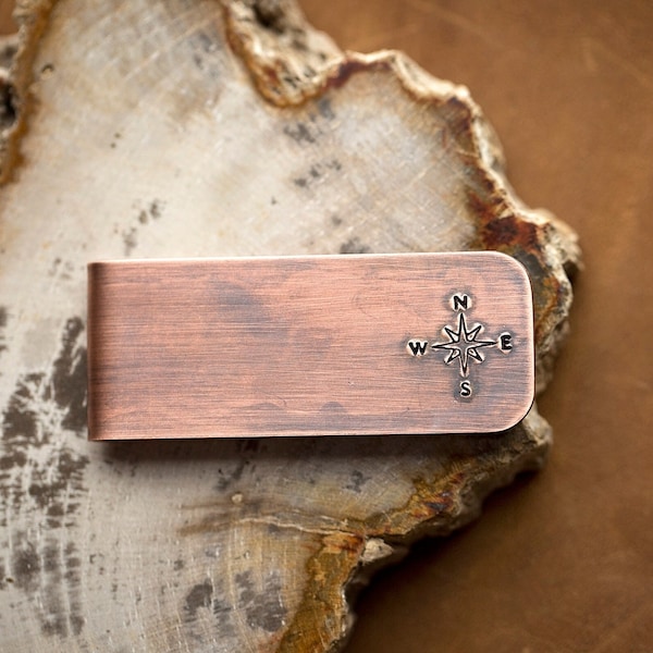 Compass Rose Copper Money Clip | Adventure Travel Gift for Him | Hand Stamped Distressed Rustic | Dad Husband Grandpa Best Man Groomsman