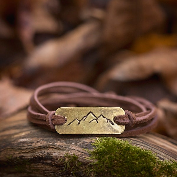 Mountain Range Leather Wrap Bracelet | Hand-Stamped Brass Suede Unisex Jewelry Outdoorsy Hike Go Outside Gifts