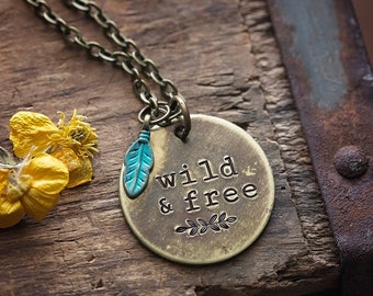 Wild & Free Necklace | Hand-stamped Brass Pendant Jewelry Feather Free Spirit Boho Bohemian