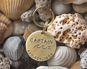 Ocean Wave Beach Dog ID Tag | Coastal Pet Accessories | Hand Stamped Brass