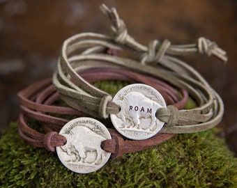 Buffalo Nickel Leather Wrap Bracelet | Hand-Stamped Vintage Bison Coin | Roam Unisex Jewelry Outdoorsy