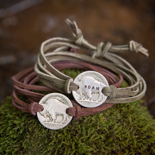 Buffalo Nickel Leather Wrap Bracelet | Hand-Stamped Vintage Bison Coin | Roam Unisex Jewelry Outdoorsy