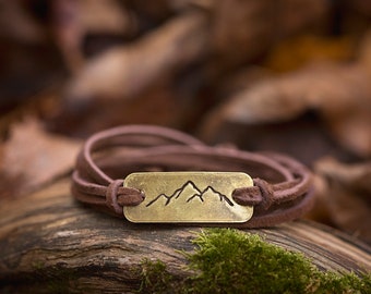 Mountain Range Leather Wrap Bracelet | Hand-Stamped Brass Suede Unisex Jewelry Outdoorsy Hike Go Outside Gifts