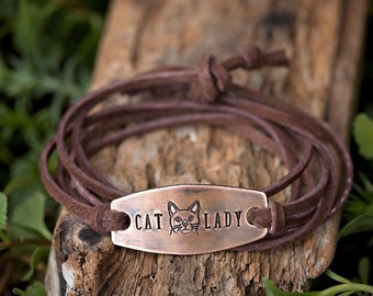 Cat Lady Wrap Bracelet | Hand-Stamped Copper & Leather Handmade Jewelry | Cat Lover Animal Rescue