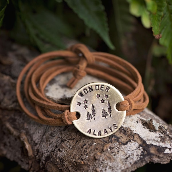 Wonder Always Hand Stamped Brass Leather Wrap Bracelet | Forest Trees Stars Suede Jewelry
