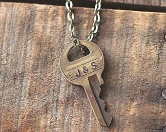 Initial Key Necklace | Personalized Hand Stamped Vintage Repurposed Anniversary Gifts for Her