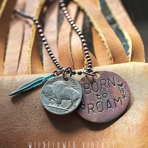 Boho Buffalo Nickel Necklace: Hand-Stamped Copper Pendant, Feather Charm